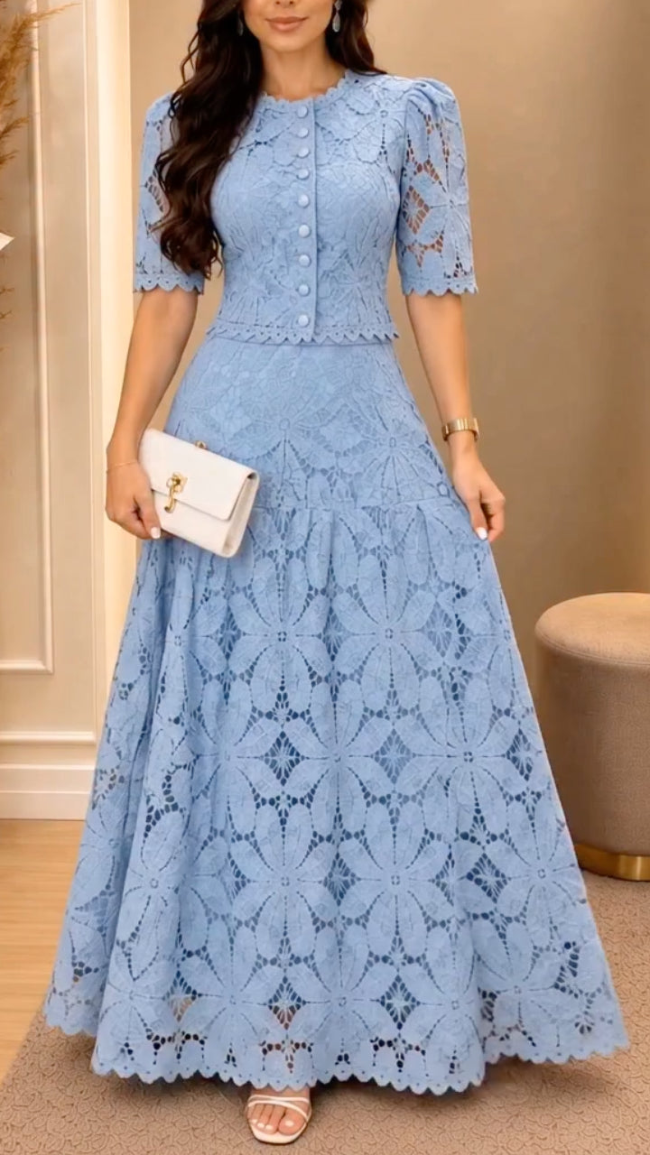 Lace Button Front Two Piece Maxi Dress Set