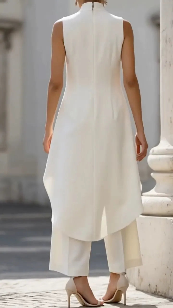 High Neck Asymmetrical Layer Vest & Wide Leg Pant Two Piece Formal Set