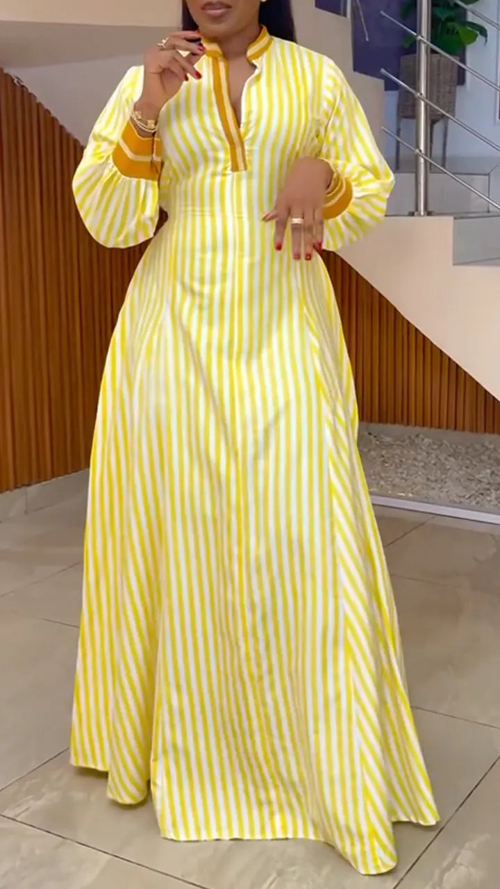 Stripe Stand Collar Long Maxi Kaftan Dress