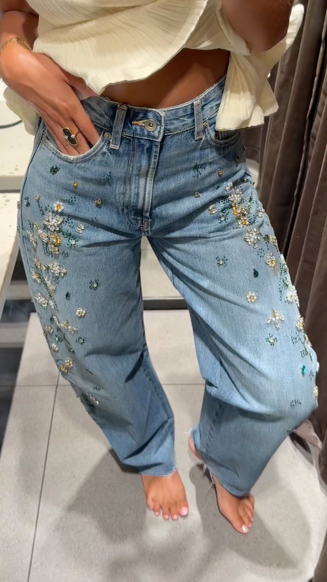 Floral Beaded Rhinestone Straight Leg Jeans