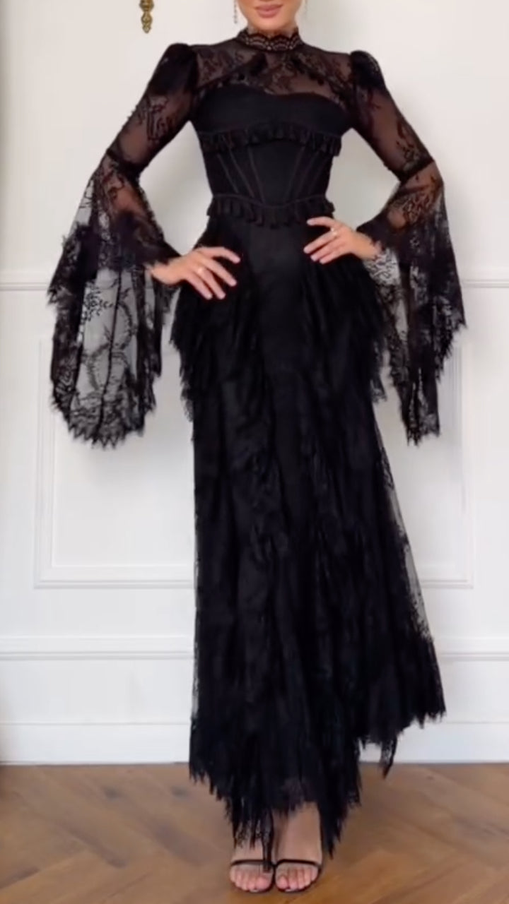 Black Lace Bell Sleeve Corset Maxi Dress