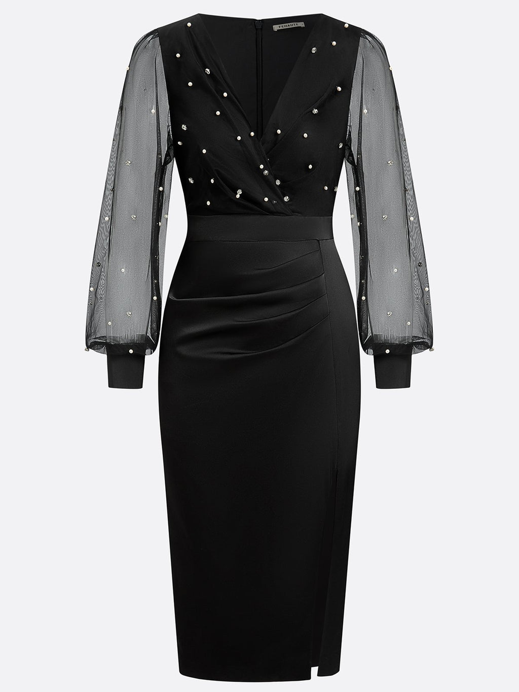 Black Beaded Slit Satin V Neck Long Sleeve Balloon Sleeve Sheath Midi Dress