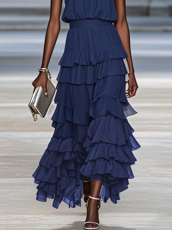 Purplish Blue Peplum Tiered Chiffon Halter Sleeveless A-Line Maxi Two-piece Dress