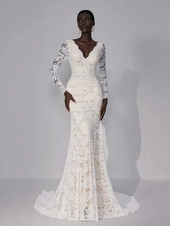 Elegant White V-Neck Lack Long Sleeves Mermaid Prom Dress YK0847