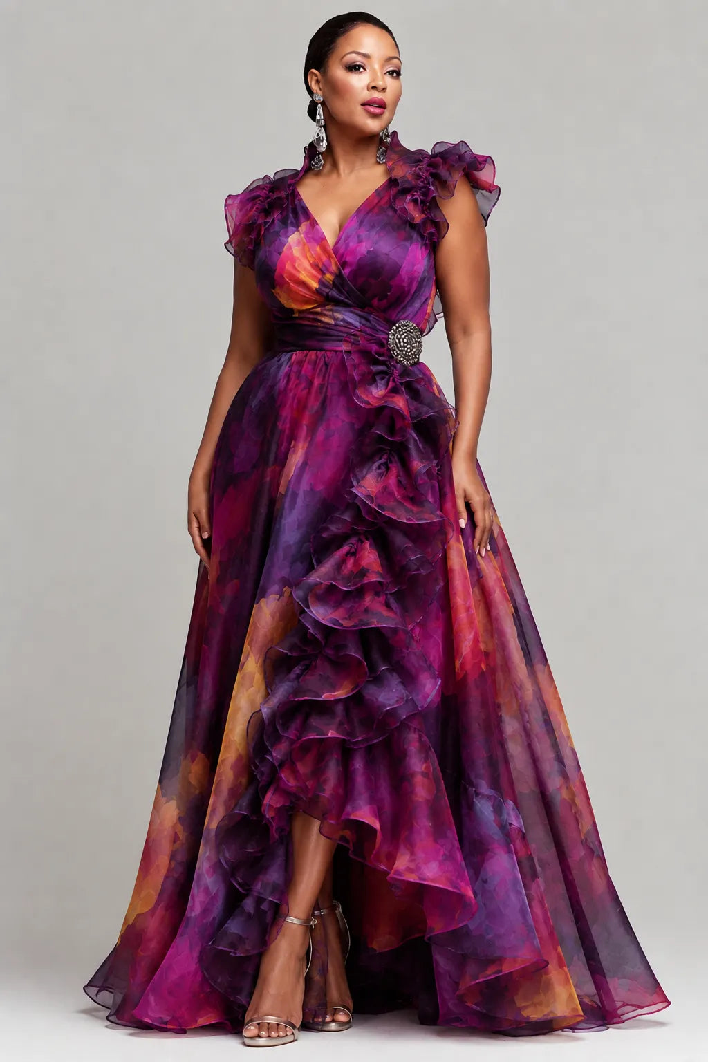 Purple Floral Print Ruffled Gown