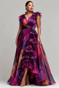 Purple Floral Print Ruffled Gown