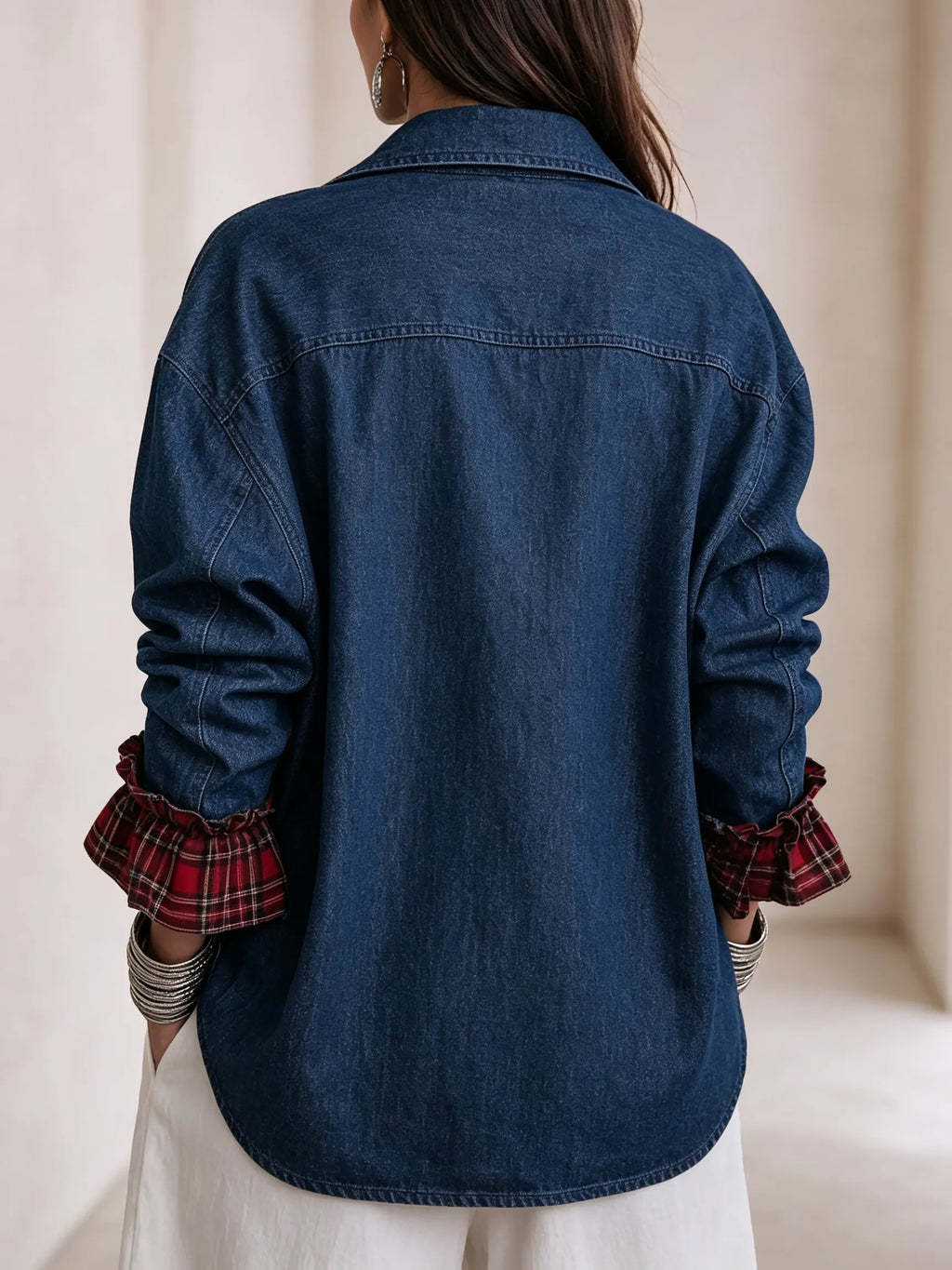 Lapel Collar Plaid‑lined Asymmetric‑hem Denim Jacket