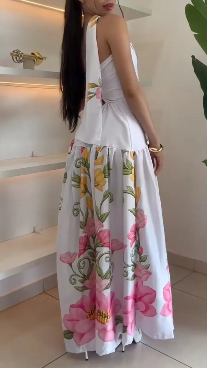 White Floral Print Strapless Maxi Dress