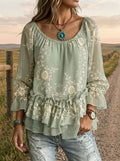 Vintage Floral Art Print Casual Ruffle Shirt