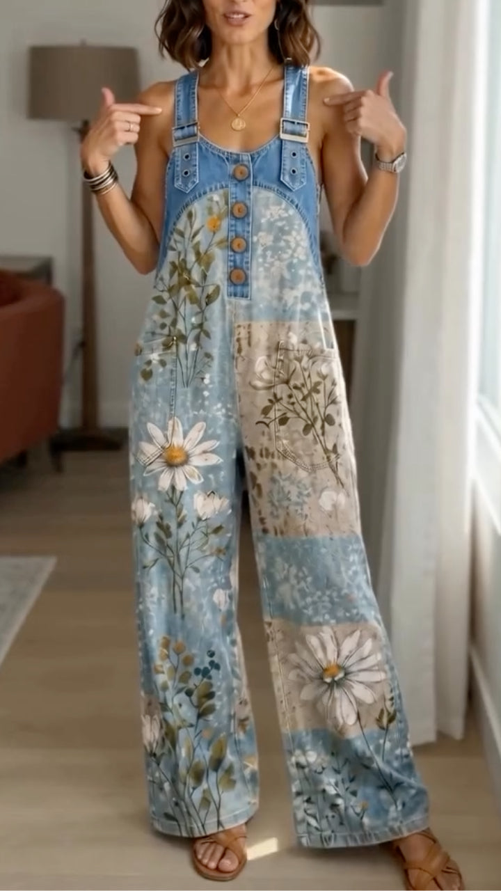 Women's Floral Print Denim Overalls
