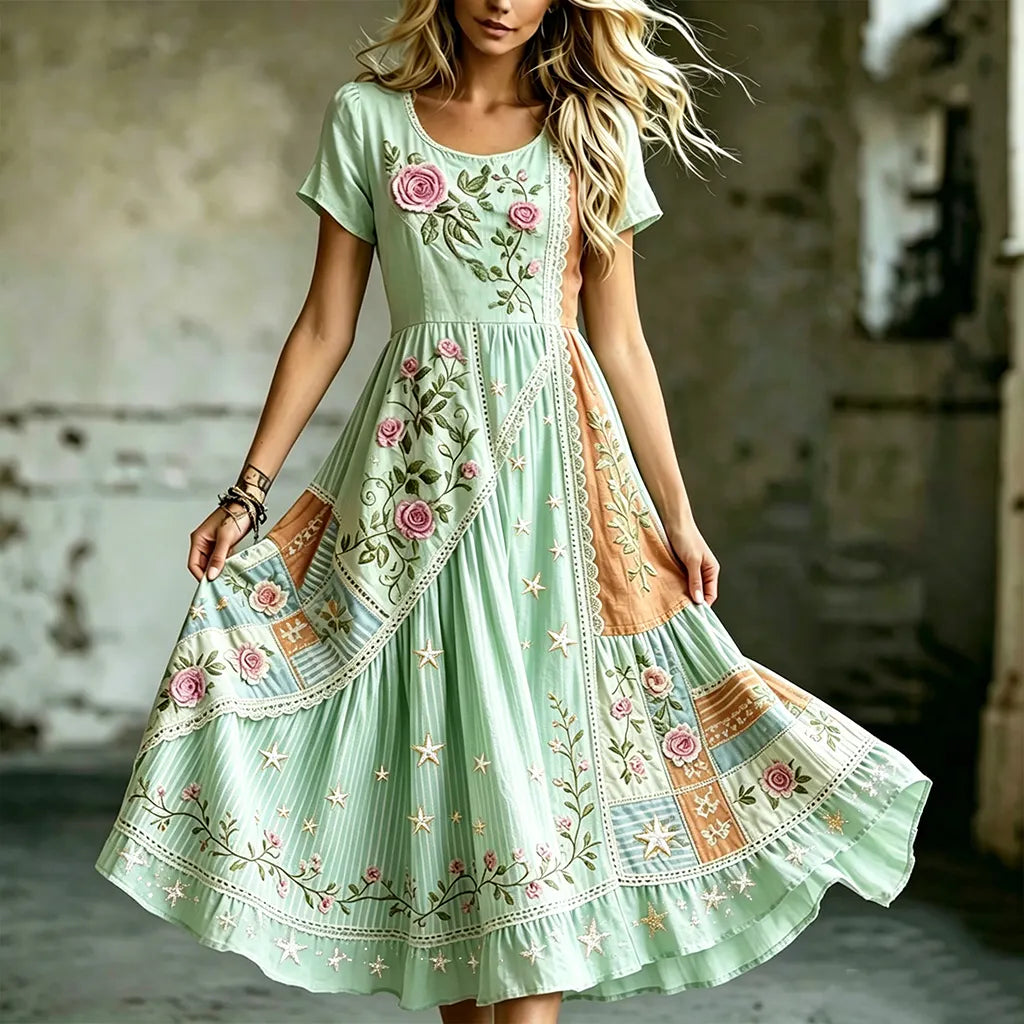 Women's Retro Bohemian Floral Irregular Color-blocked Round Neck Dress