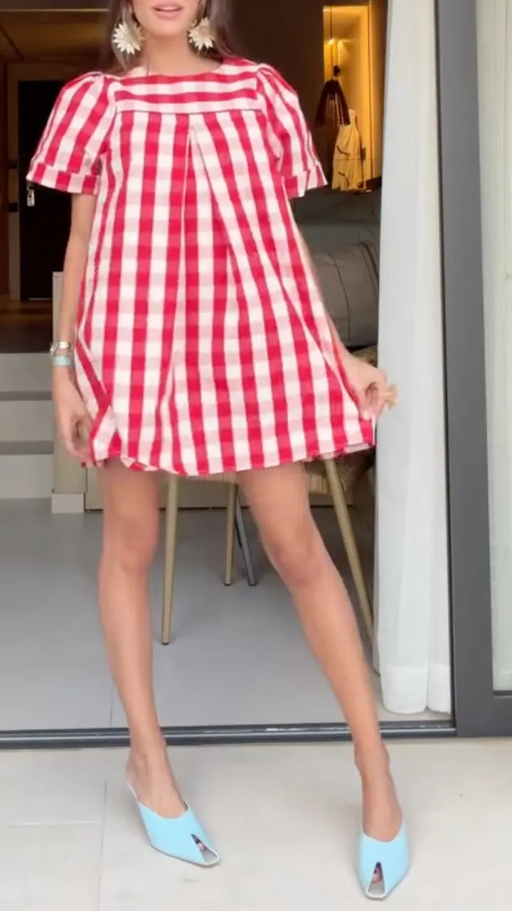 Red White Gingham Puff Sleeve Mini Shift Dress