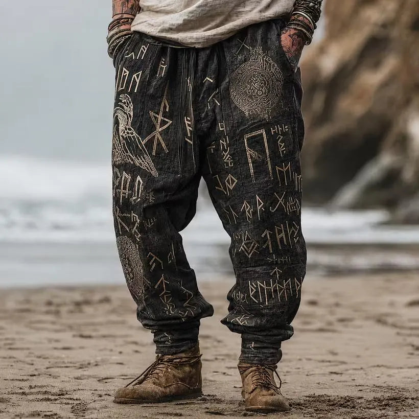 Men Boho Rune Graphic Linen Harem Pants