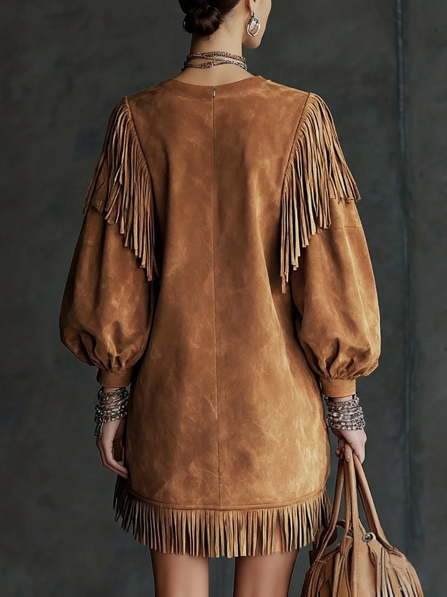 Western-style Brown Faux-suede Fringe Dress