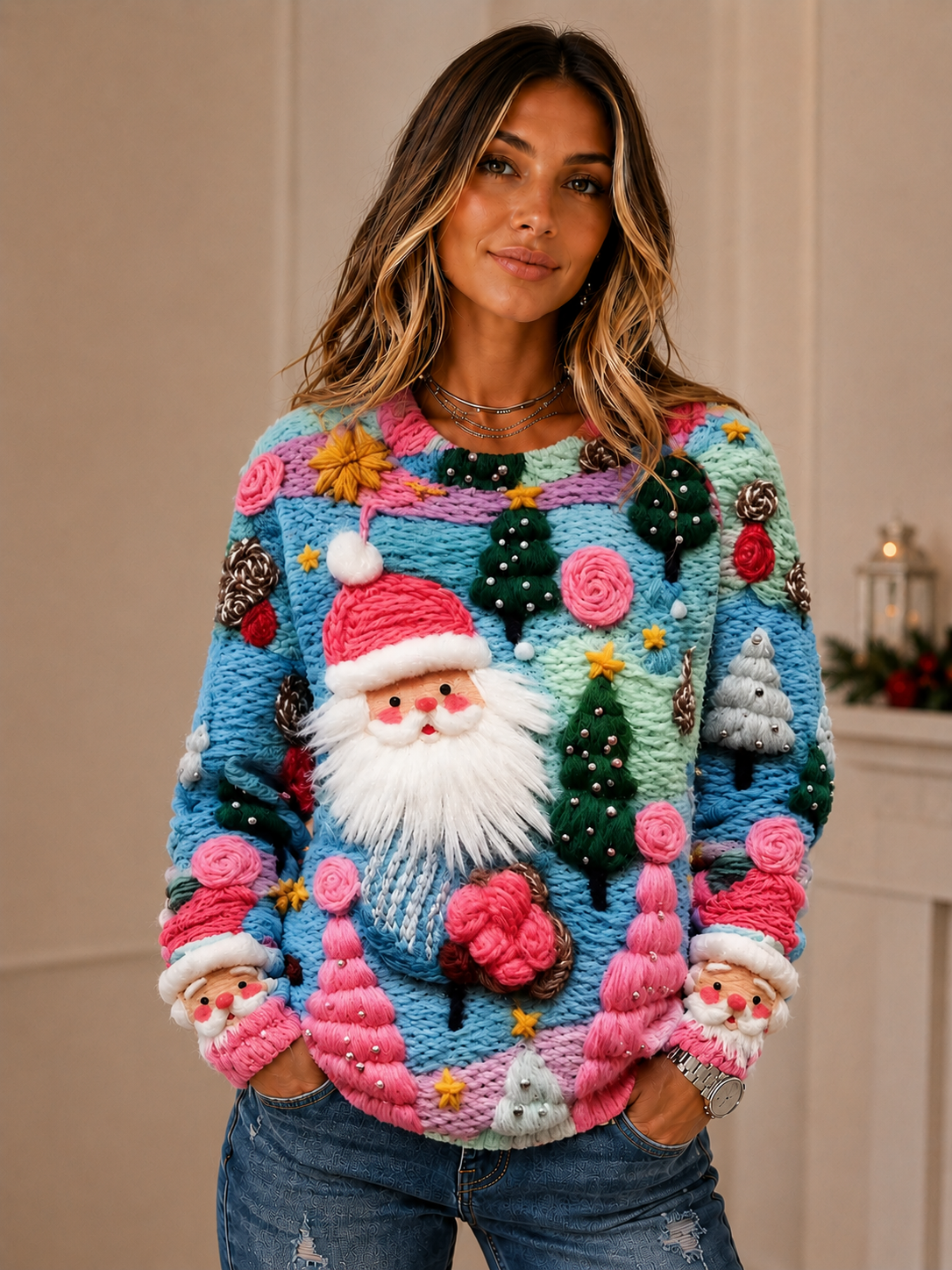 Pastel Knit Santa Christmas Sweatshirt