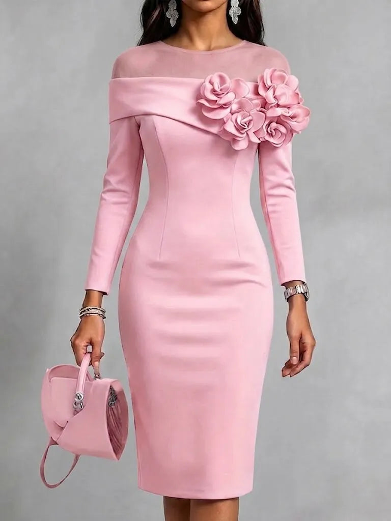 Dress With A Round Neck And 3d Floral Embellishment On The Side