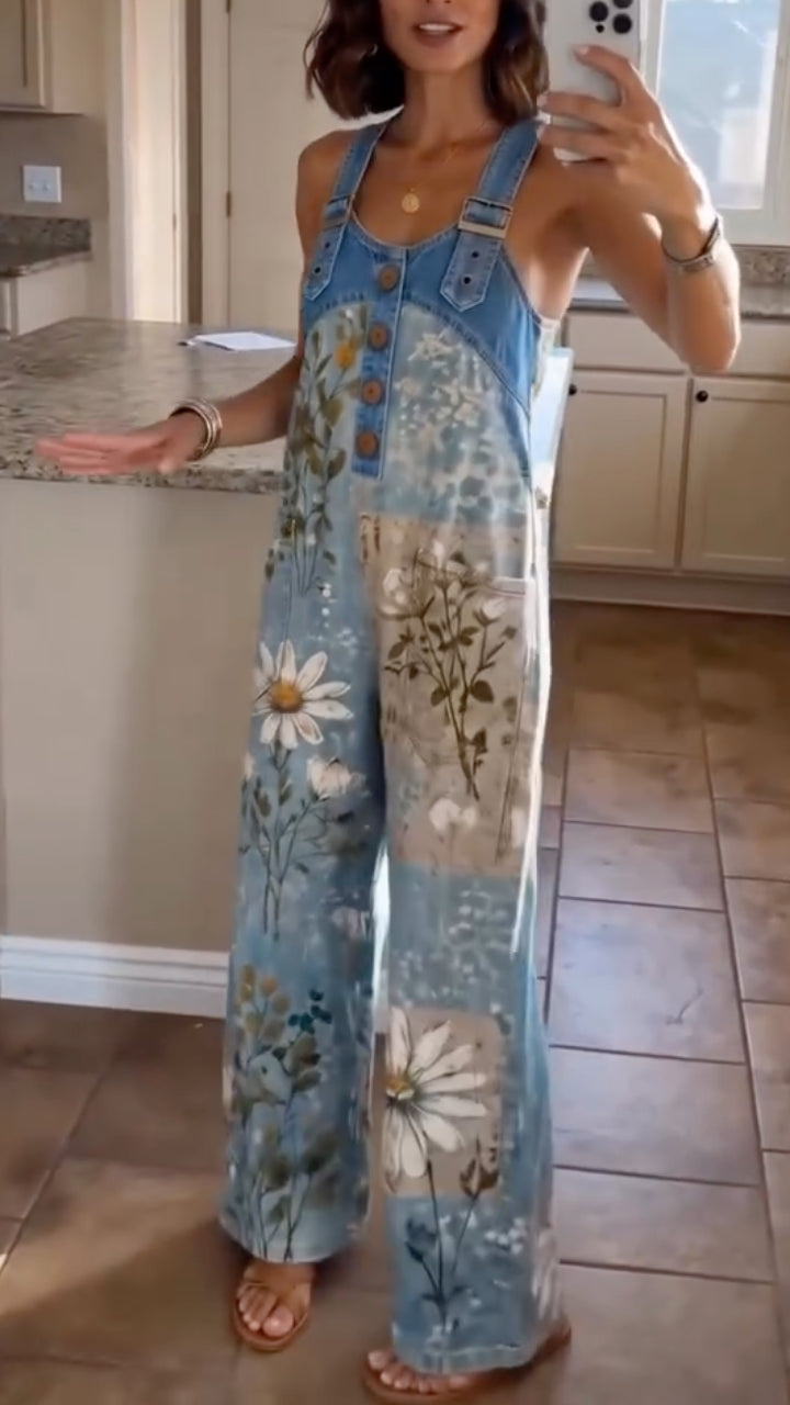 Women's Floral Print Denim Overalls