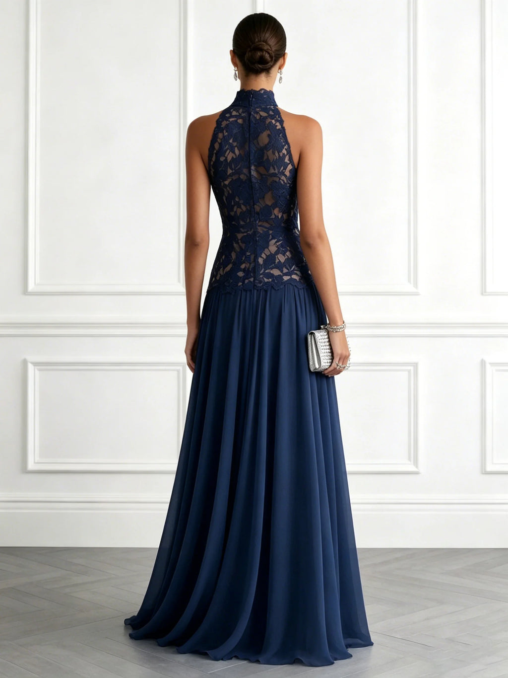 Purplish Blue Lace Lace Halter Neck Sleeveless A-Line Floor Length Dress