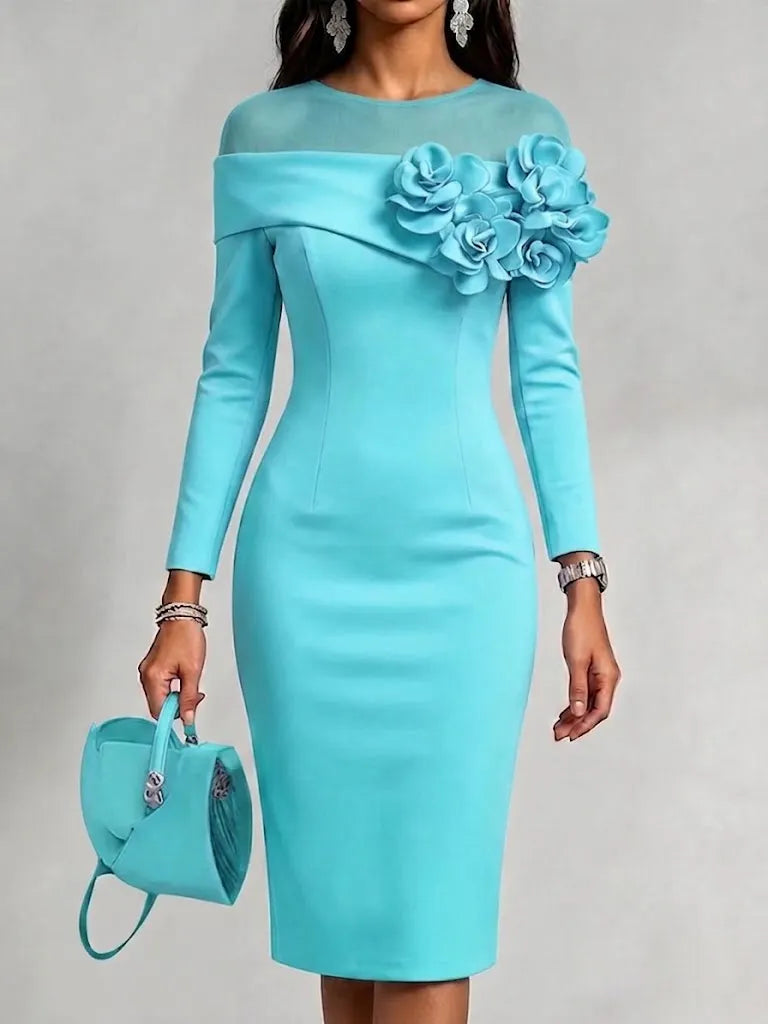 Dress With A Round Neck And 3d Floral Embellishment On The Side