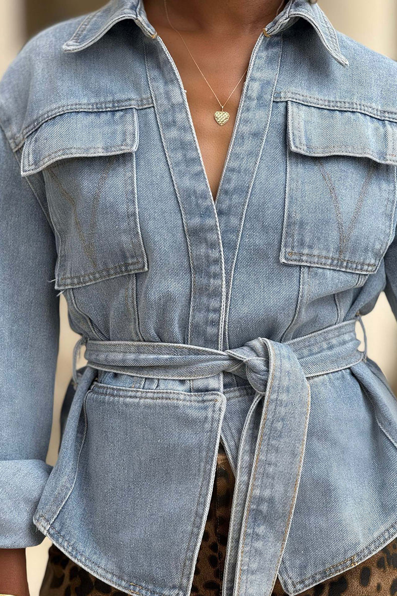 Women's Washed Waist Tie Cropped Denim Jacket