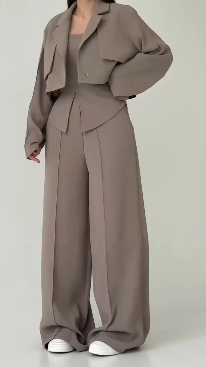 Taupe Cropped Blazer Two‑Piece Pants Set