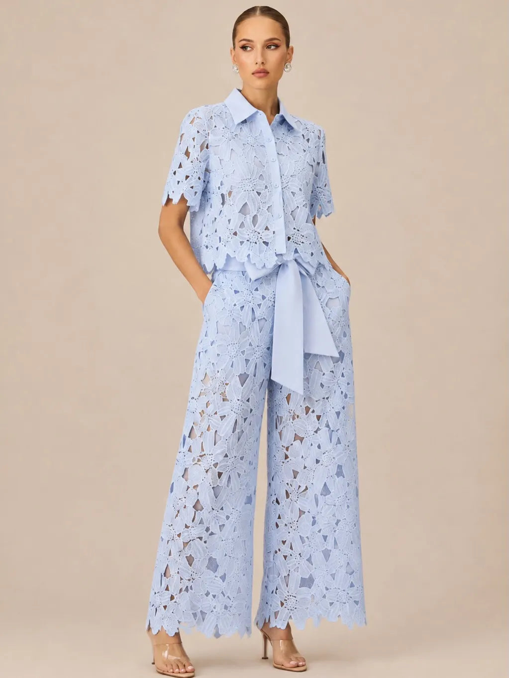 Lace Shirt & Wide Leg Pants Two Piece Set