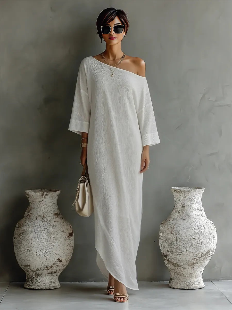 Women's Ivory White Cotton-Linen Blend One-Shoulder Flowing Elegant Dress MDA3032K4T