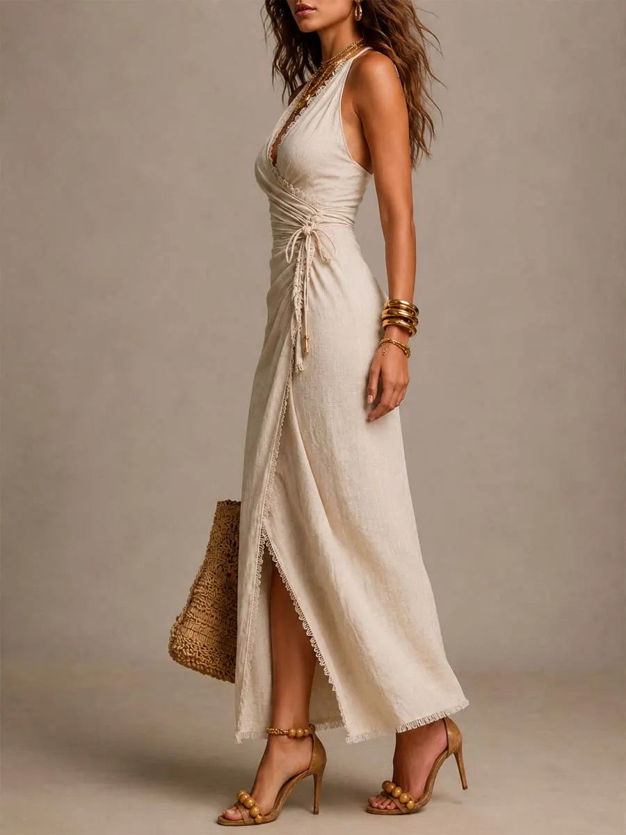 Natural Linen Wrap-Front Ruched Midi Dress With Lace Trim