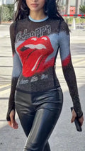 Rhinestone Mesh Graphic Long Sleeve Top