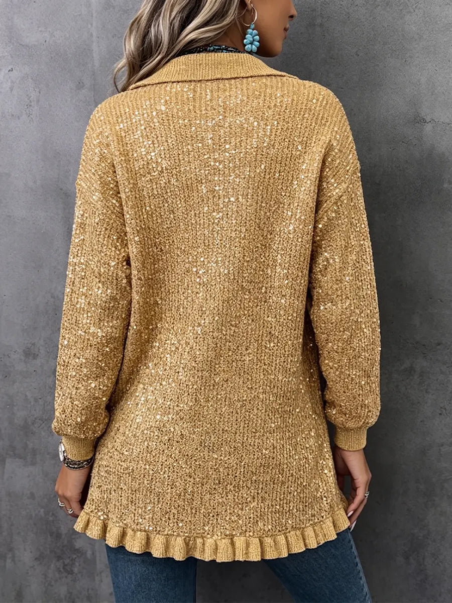 Loose-fit Knitted Cardigan With A Collar, Ruffles, And A Single-breasted Button Closure