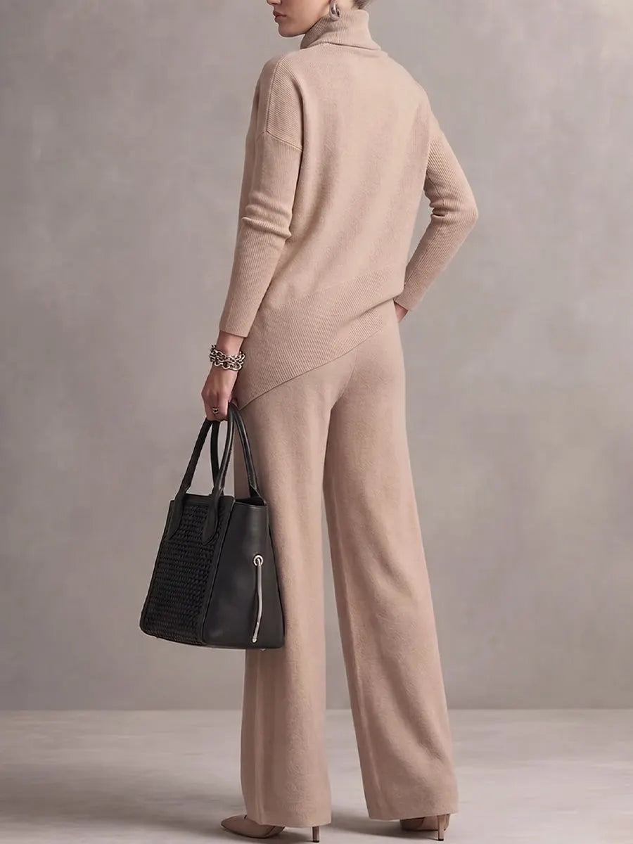 Women's Solid Color Turtleneck Long-sleeved Casual Loose Knit Top And High-waisted Wide-leg Knit Set