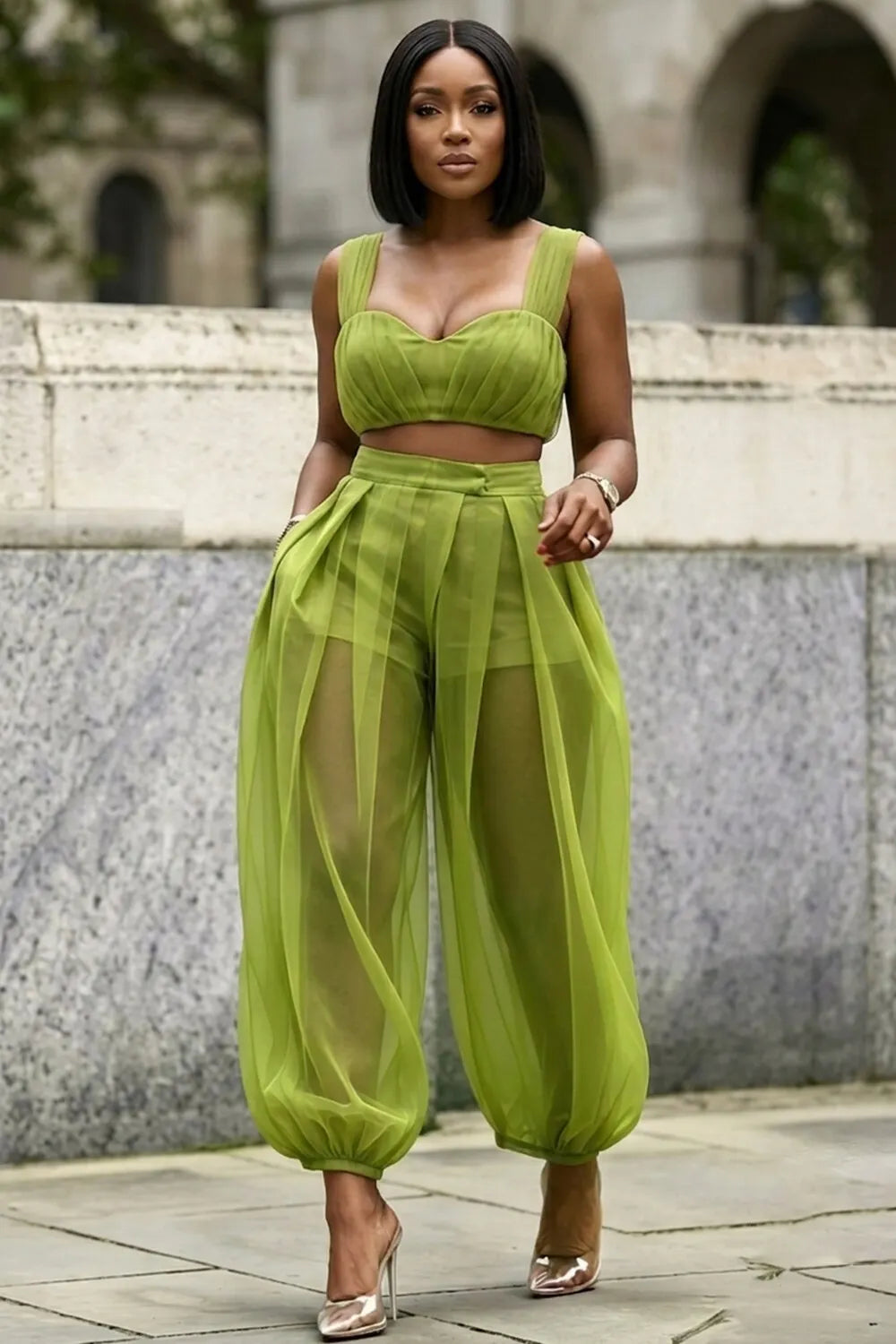 Wide Strap Crop Top High Waist Mesh Pants Casual 2pcs Set-Green [Pre Order]