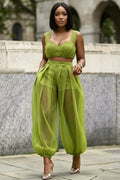 Wide Strap Crop Top High Waist Mesh Pants Casual 2pcs Set-Green [Pre Order]