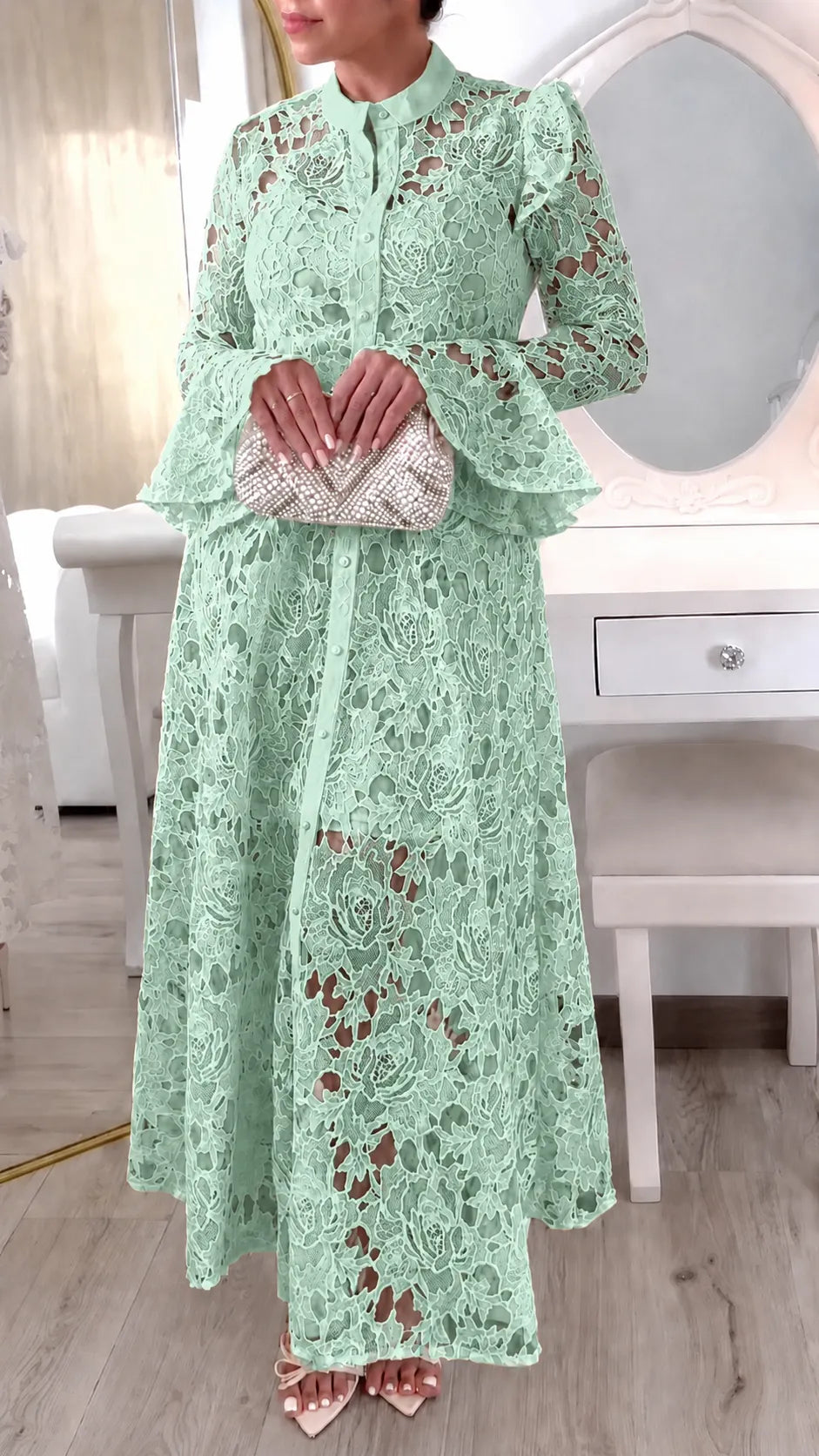 Lace Belted Long Sleeve Maxi Dress