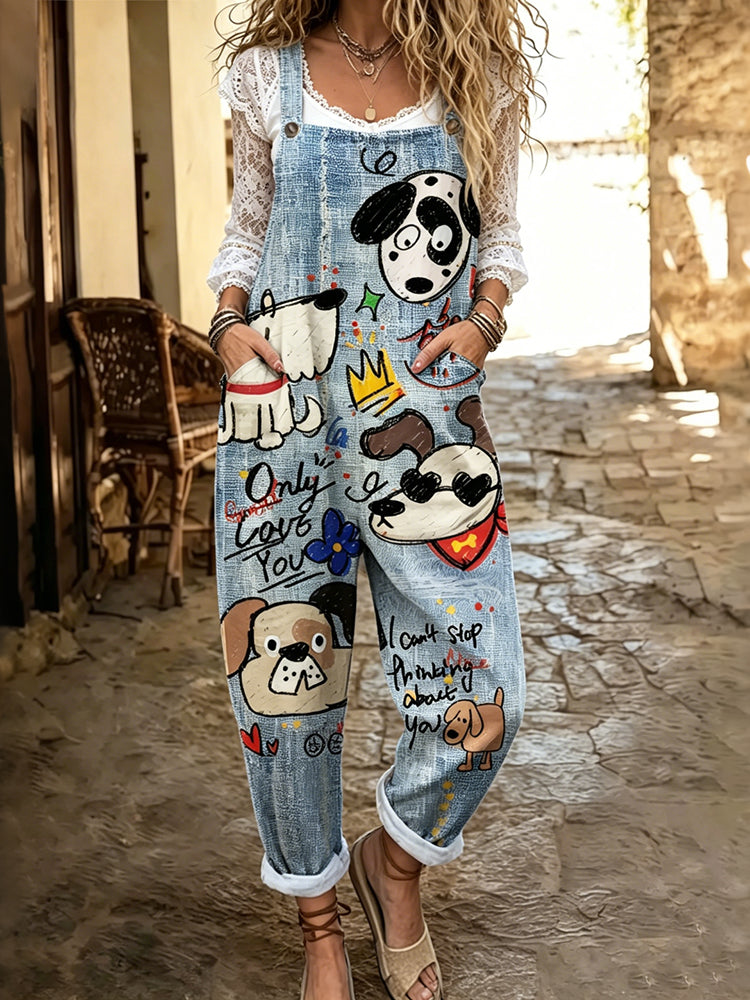 Women's Cute Dog Art Print Flowy Linen Blend Casual Jumpsuit