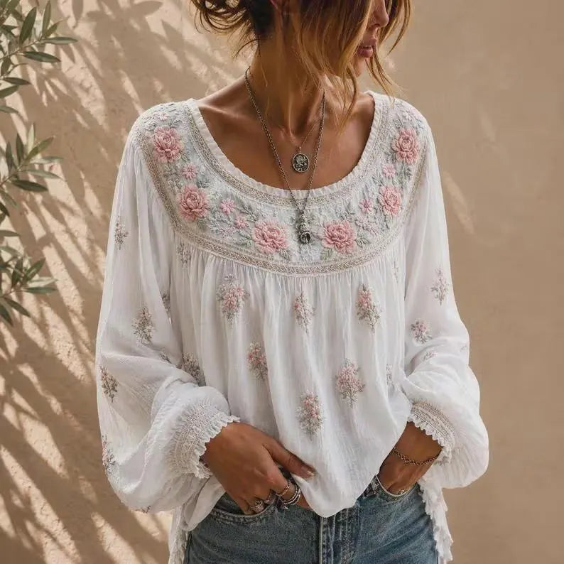 Boho Pink Rose Embroidered Long Sleeve Top