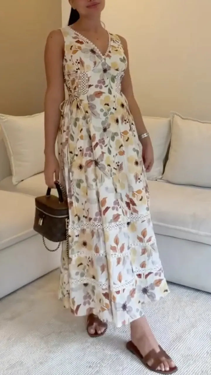 Autumn Floral Lace Tiered V Neck Midi Dress