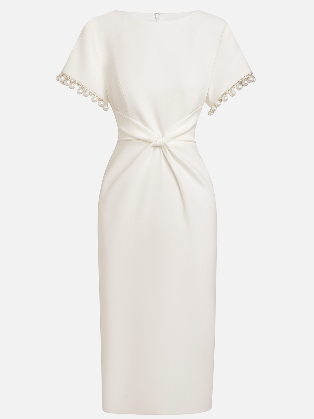 White Faux Pearl Knot Front Classic Boat Neck Short Sleeve Sheath Midi Dress