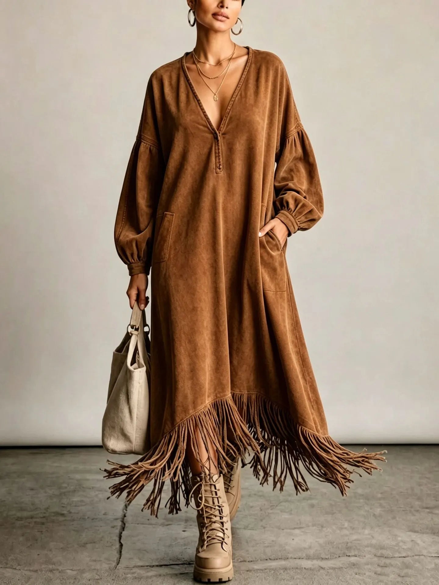 Vintage-style Faux Suede Maxi Dress With A Fringed Hem