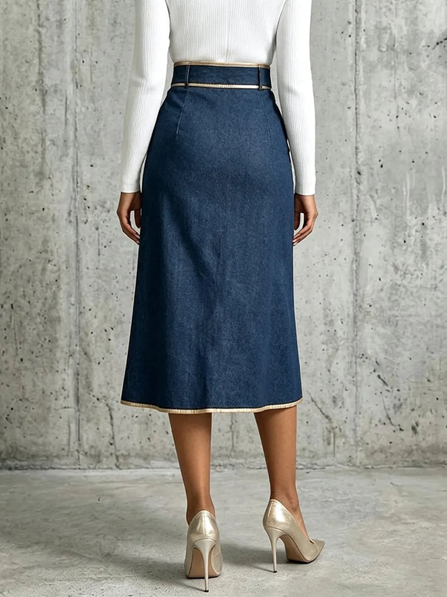 Chic And Refined Denim Midi Skirt With Gold Piping.