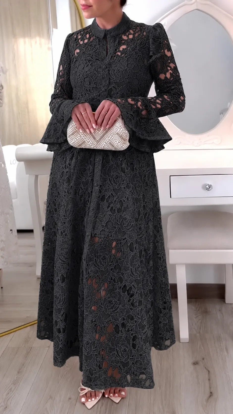 Lace Belted Long Sleeve Maxi Dress