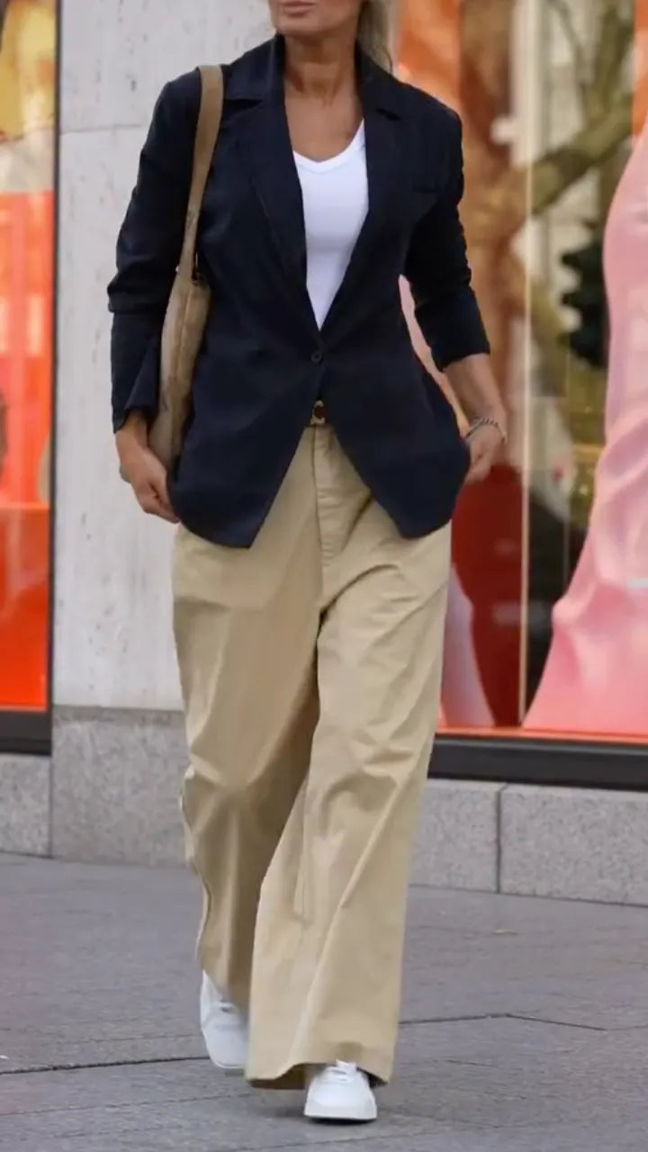 Navy Blazer & Khaki Wide‑Leg Trousers Matching Set