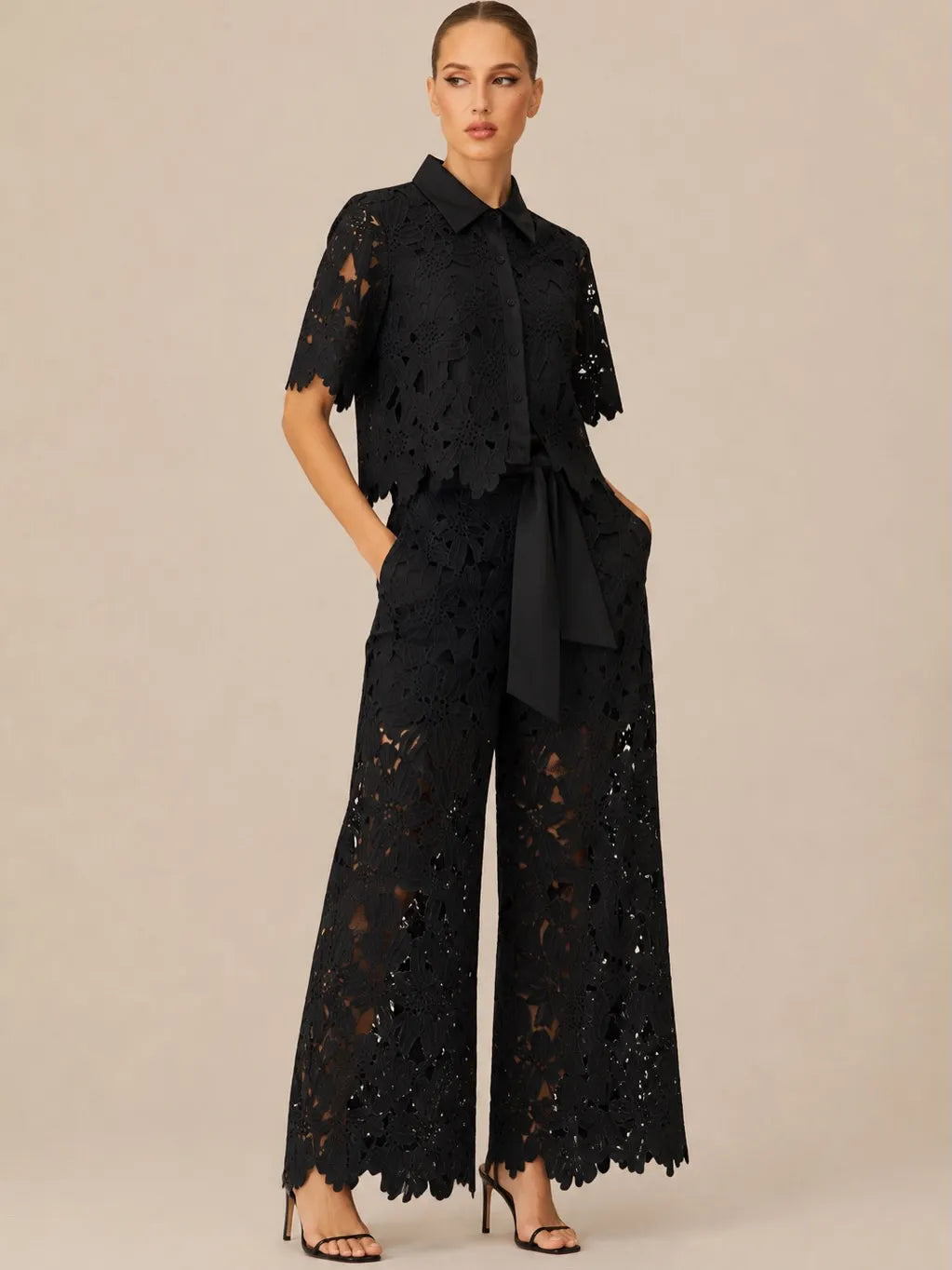 Lace Shirt & Wide Leg Pants Two Piece Set