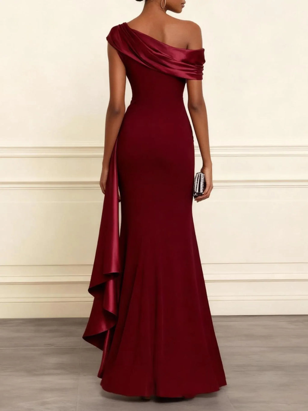 Wine Red Ruffled Classic One Shoulder Mermaid Maxi Dress