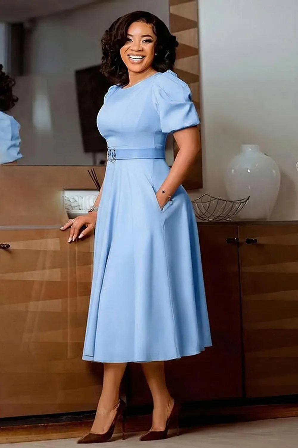 Round Neck Puff Sleeve Solid Color High Waist A-Line Formal Maxi Dresses-Blue
