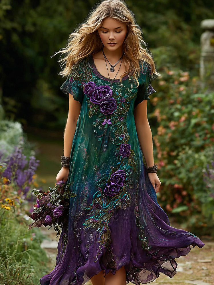 Women's Vintage Rose Floral Short Sleeve Midi Dress