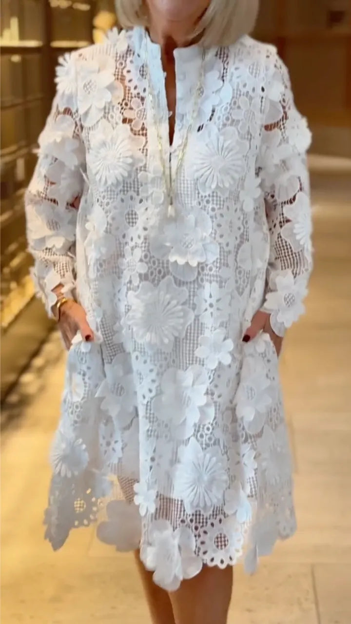 White 3D Floral Lace Midi Dress