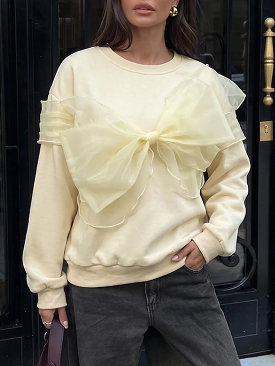 Chic Butter Yellow Organza Bow Accent Sweatshirt