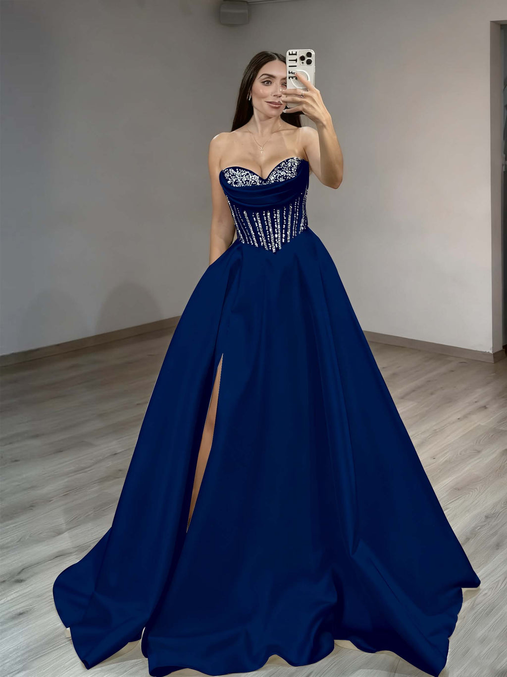Satin Sweetheart Sleeveless Long Pleated A-Line Prom Dress With Rhinstone And Split YK0584