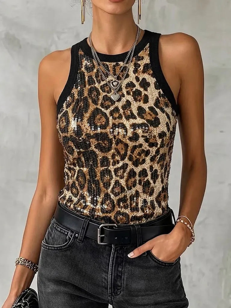 Stylish Sleeveless Knit Top With Sequins And Leopard Print